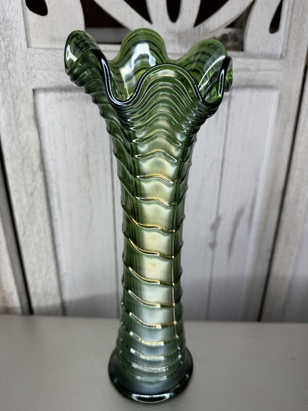 Antique Imperial Carnival Glass Vase Ripple Electric Green Ruffle Swung